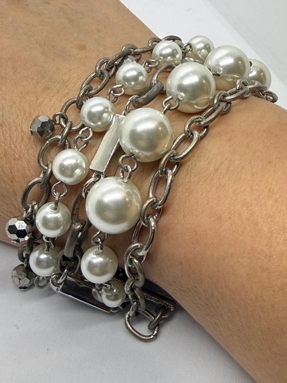 White House Black Market Pearl Multi Strand Chain Bracelet Silver Tone
